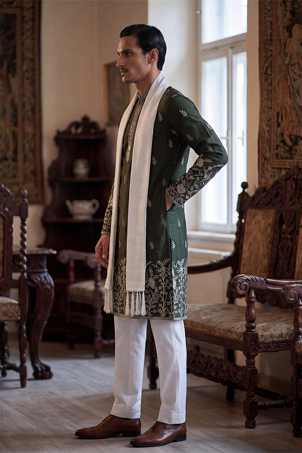 Olive Chanderi Silk Solid Embroidered Straight Kurta Trouser with Dupatta MKPD1319
