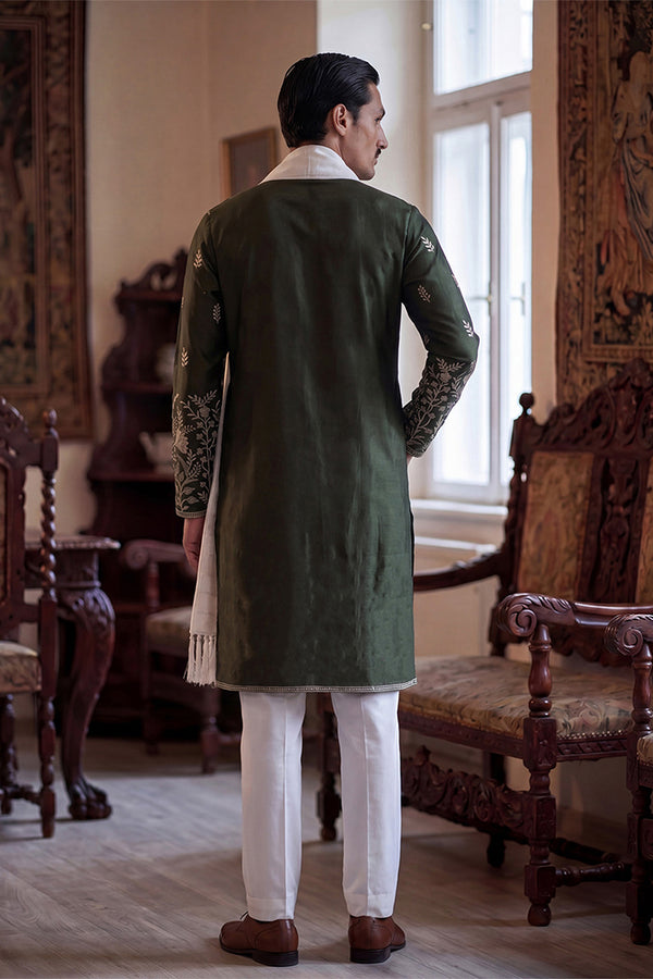 Olive Chanderi Silk Solid Embroidered Straight Kurta Trouser with Dupatta MKPD1319