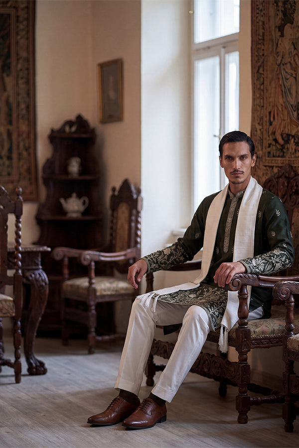 Olive Chanderi Silk Solid Embroidered Straight Kurta Trouser with Dupatta MKPD1319