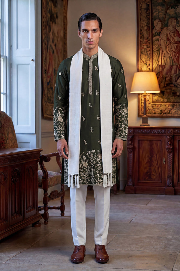 Olive Chanderi Silk Solid Embroidered Straight Kurta Trouser with Dupatta MKPD1319