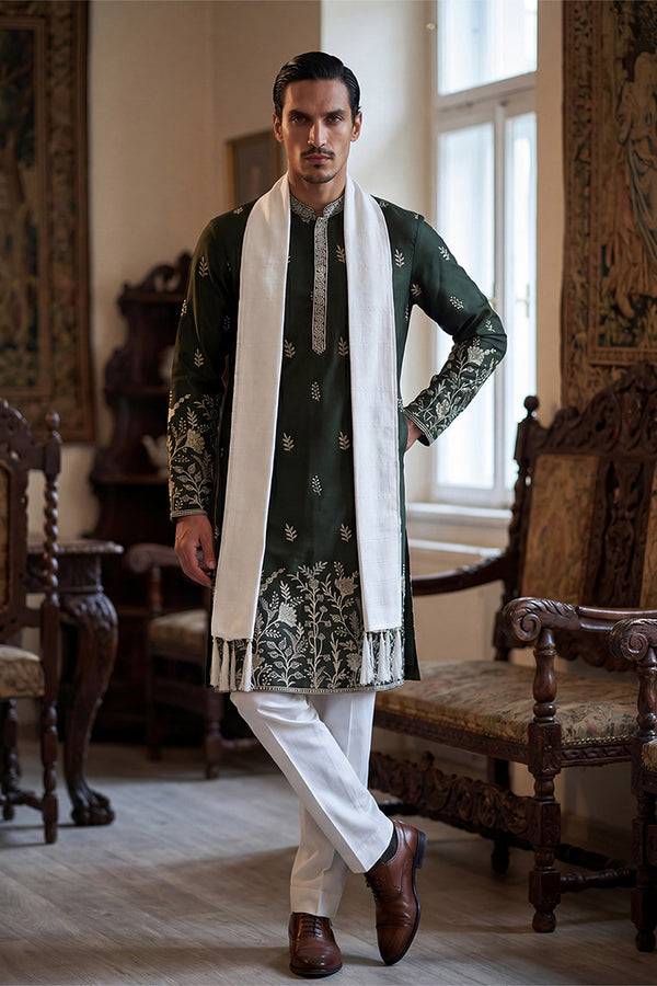 Olive Chanderi Silk Solid Embroidered Straight Kurta Trouser with Dupatta MKPD1319