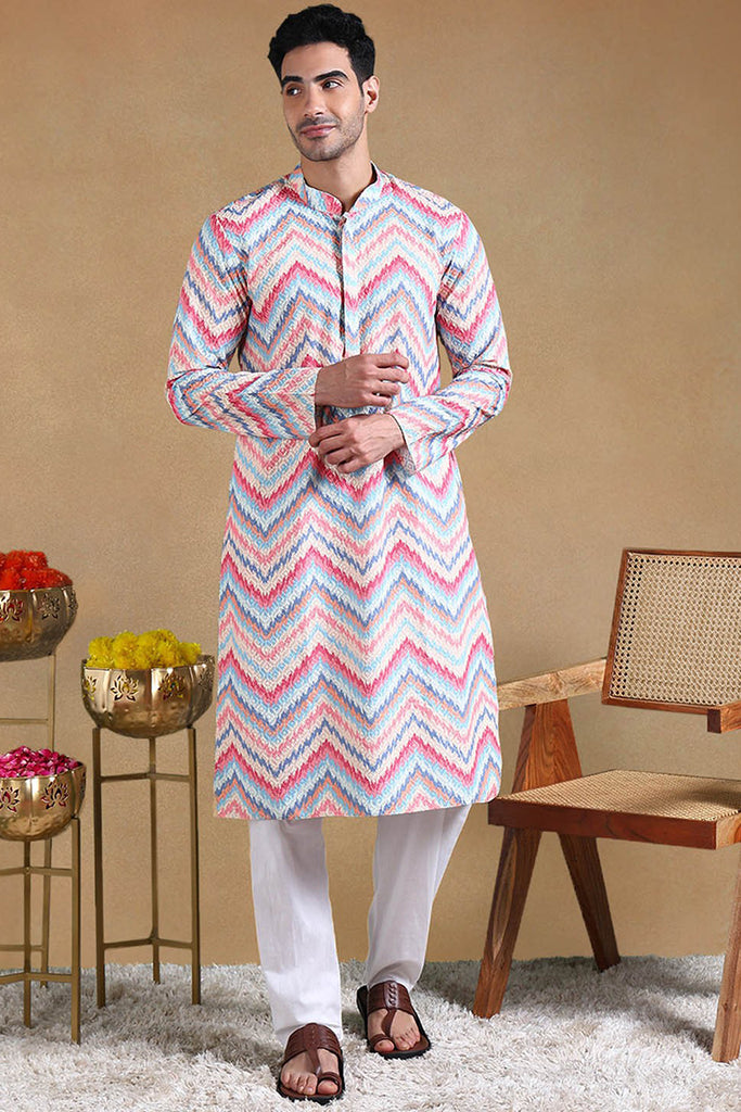 Pink Viscose Rayon Chevron Printed Straight Kurta with Trousers MKSET1008PNK