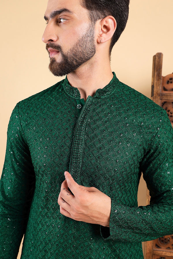 Green Viscose Rayon Solid Embroidered Straight Kurta with Trousers MKSET1011GRN