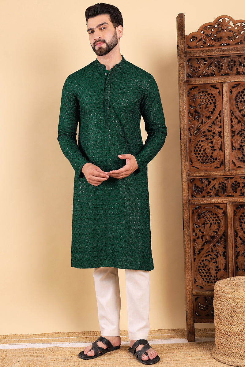 Green Viscose Rayon Solid Embroidered Straight Kurta with Trousers MKSET1011GRN
