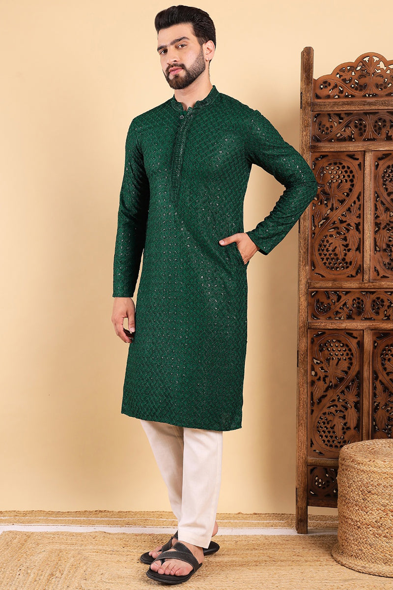 Green Viscose Rayon Solid Embroidered Straight Kurta with Trousers MKSET1011GRN