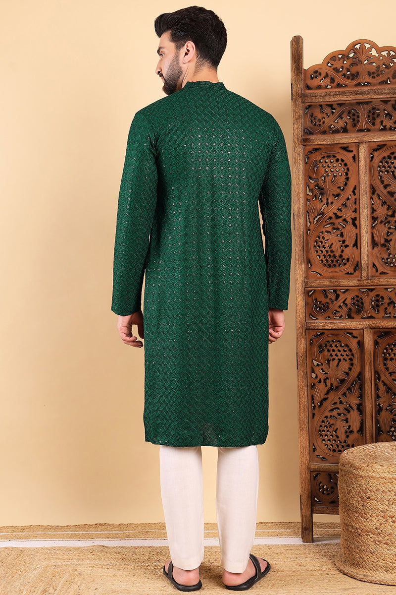 Green Viscose Rayon Solid Embroidered Straight Kurta with Trousers MKSET1011GRN