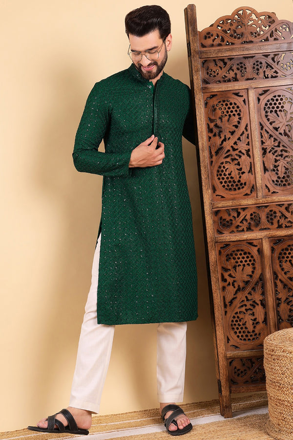 Green Viscose Rayon Solid Embroidered Straight Kurta with Trousers MKSET1011GRN