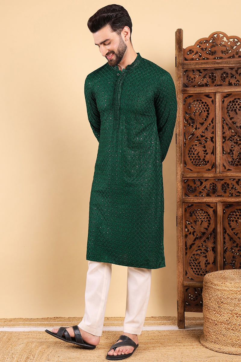 Green Viscose Rayon Solid Embroidered Straight Kurta with Trousers MKSET1011GRN