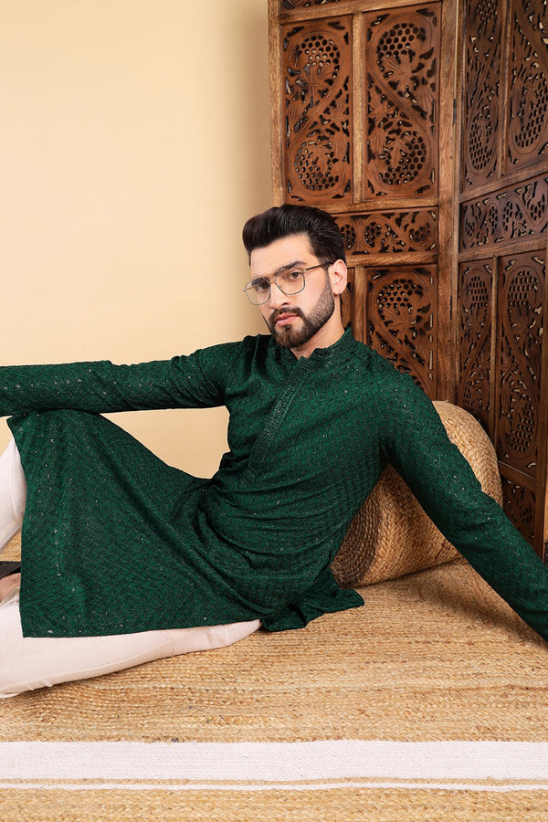 Green Viscose Rayon Solid Embroidered Straight Kurta with Trousers MKSET1011GRN