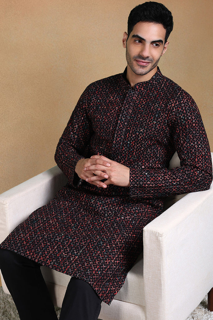 Black Viscose Rayon Geometric Dyed Straight Kurta with Trousers MKSET1013BLK