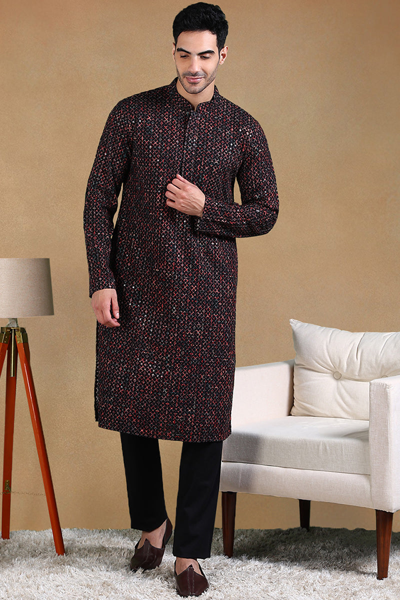 Black Viscose Rayon Geometric Dyed Straight Kurta with Trousers MKSET1013BLK