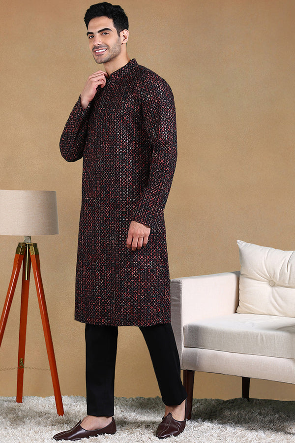 Black Viscose Rayon Geometric Dyed Straight Kurta with Trousers MKSET1013BLK