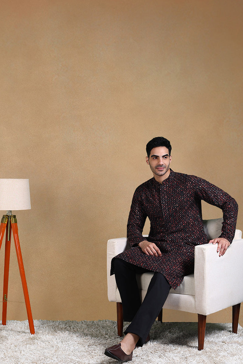 Black Viscose Rayon Geometric Dyed Straight Kurta with Trousers MKSET1013BLK