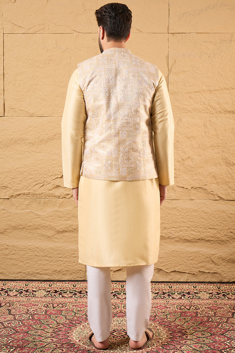 Cream Silk Blend Woven Design Mandarin Collar Koti MKOT1011