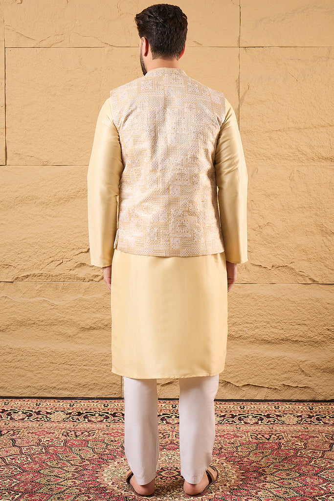 Cream Silk Blend Woven Design Mandarin Collar Koti MKOT1011