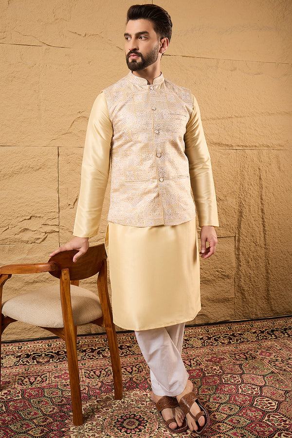 Cream Silk Blend Woven Design Mandarin Collar Koti MKOT1011