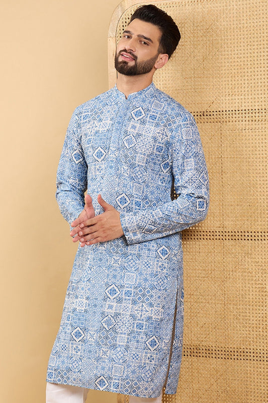 Blue Viscose Rayon Geometric Embroidered Straight Kurta with Trouser MKSET1036
