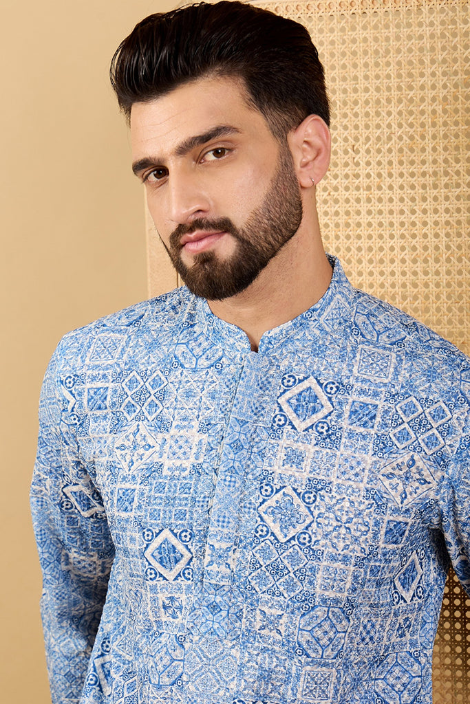 Blue Viscose Rayon Geometric Embroidered Straight Kurta with Trouser MKSET1036