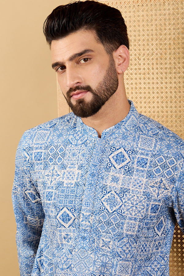 Blue Viscose Rayon Geometric Embroidered Straight Kurta with Trouser MKSET1036