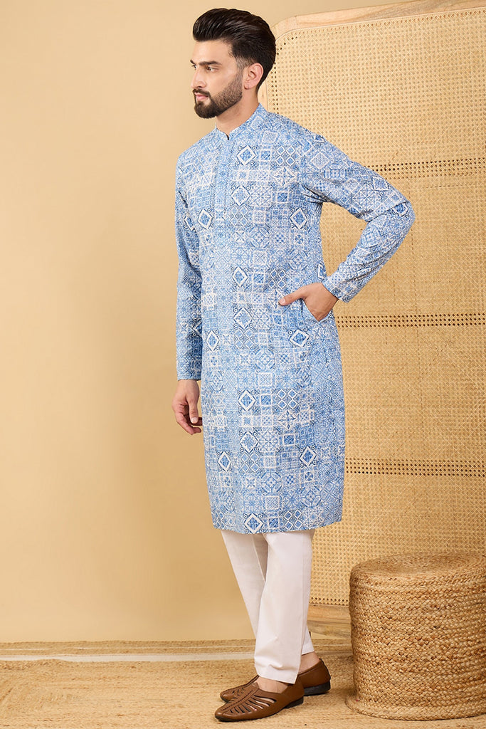 Blue Viscose Rayon Geometric Embroidered Straight Kurta with Trouser MKSET1036