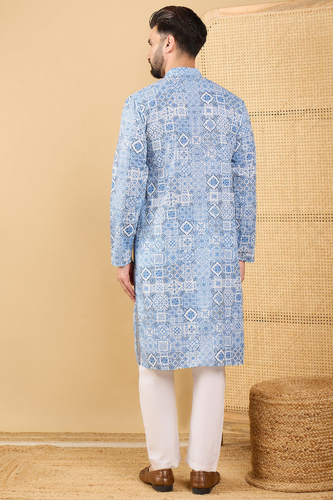 Blue Viscose Rayon Geometric Embroidered Straight Kurta with Trouser MKSET1036