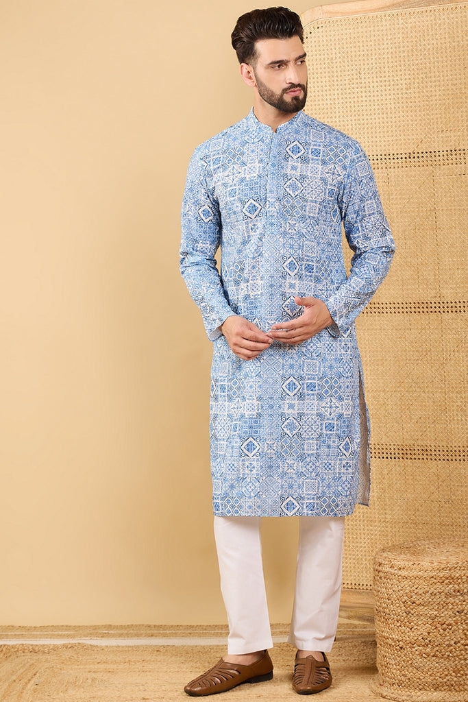 Blue Viscose Rayon Geometric Embroidered Straight Kurta with Trouser MKSET1036