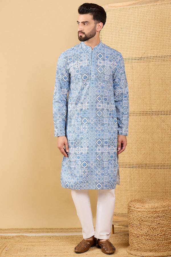 Blue Viscose Rayon Geometric Embroidered Straight Kurta with Trouser MKSET1036