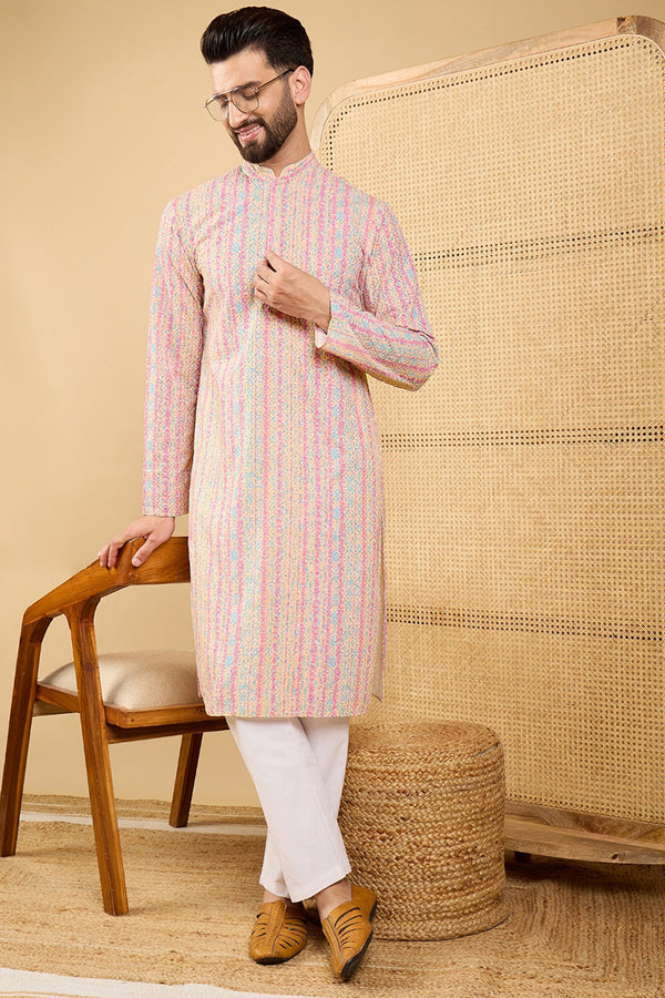 Multi Viscose Rayon Striped Embroidered Straight Kurta with Trouser MKSET1038