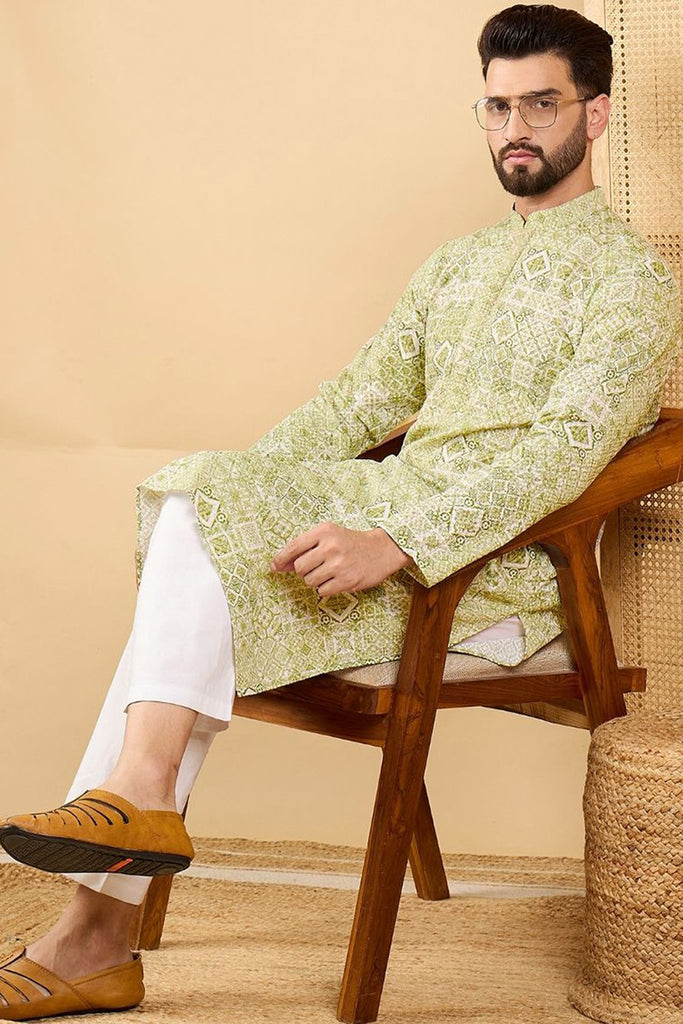 Olive Viscose Rayon Geometric Embroidered Straight Kurta with Trouser MKSET1041