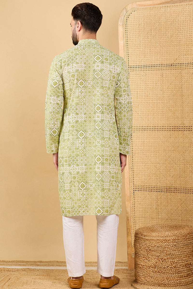 Olive Viscose Rayon Geometric Embroidered Straight Kurta with Trouser MKSET1041
