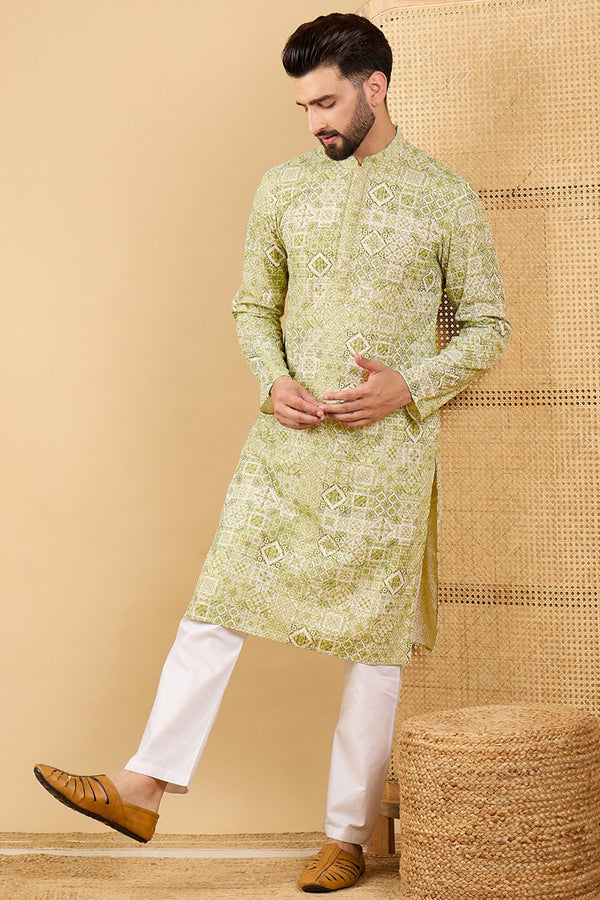 Olive Viscose Rayon Geometric Embroidered Straight Kurta with Trouser MKSET1041