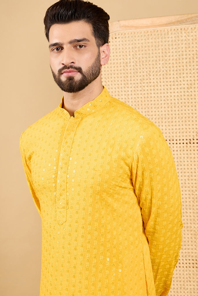 Yellow Viscose Rayon Solid Embroidered Straight Kurta with Trousers MKSET1048
