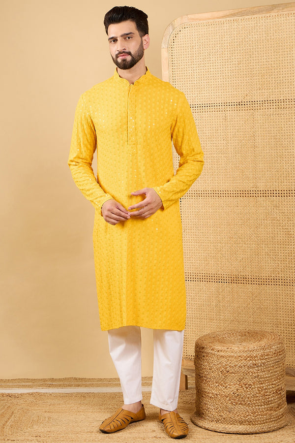 Yellow Viscose Rayon Solid Embroidered Straight Kurta with Trousers MKSET1048