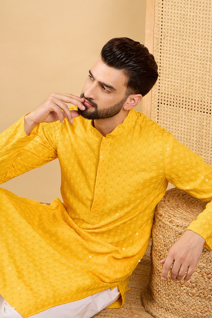 Yellow Viscose Rayon Solid Embroidered Straight Kurta with Trousers MKSET1048