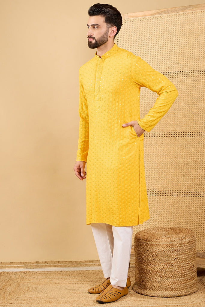 Yellow Viscose Rayon Solid Embroidered Straight Kurta with Trousers MKSET1048