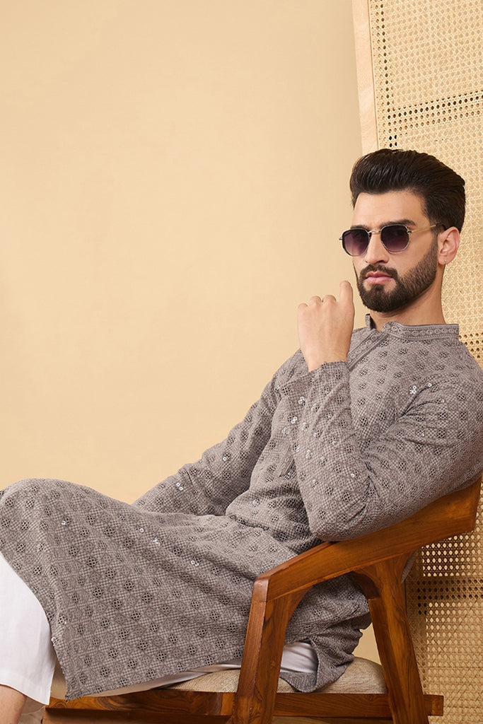 Grey Viscose Rayon Solid Embroidered Straight Kurta with Trouser MKSET1049