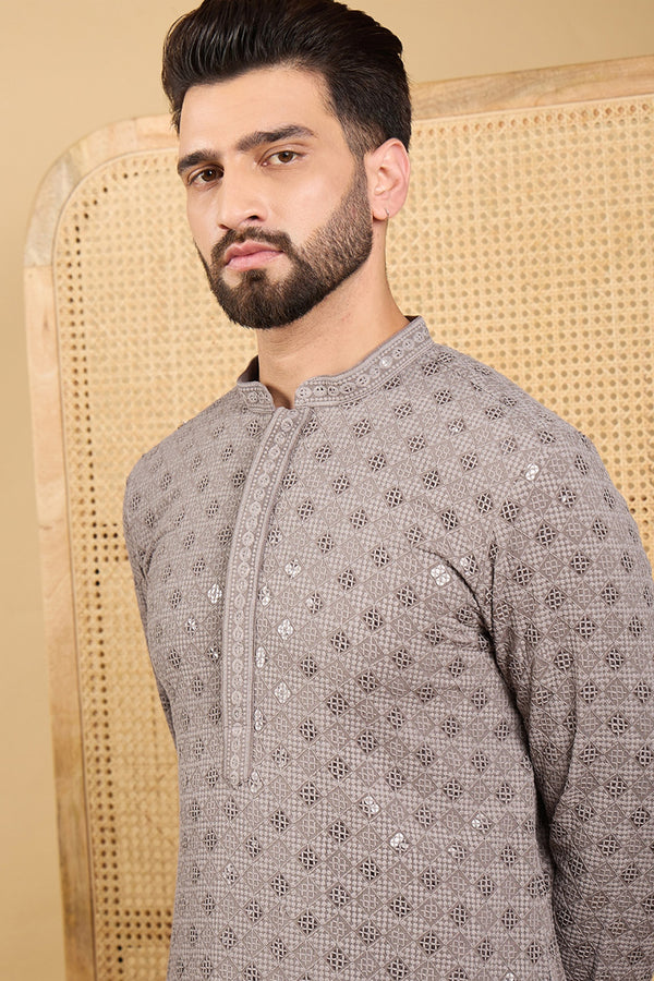 Grey Viscose Rayon Solid Embroidered Straight Kurta with Trouser MKSET1049