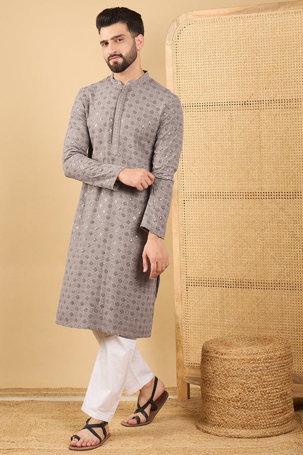 Grey Viscose Rayon Solid Embroidered Straight Kurta with Trouser MKSET1049