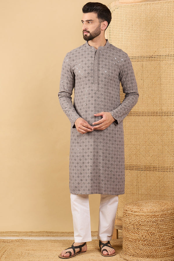Grey Viscose Rayon Solid Embroidered Straight Kurta with Trouser MKSET1049