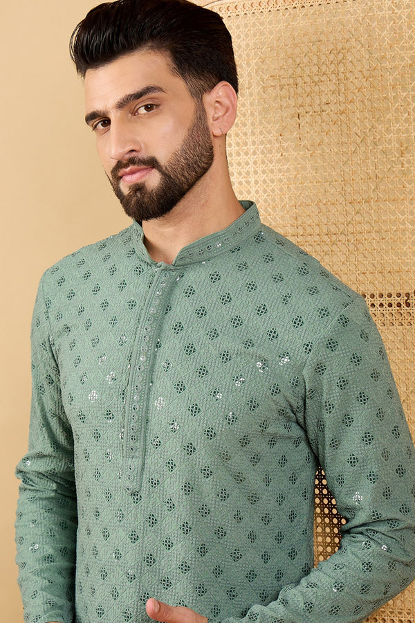 Green Viscose Rayon Solid Embroidered Straight Kurta with Trousers MKSET1050