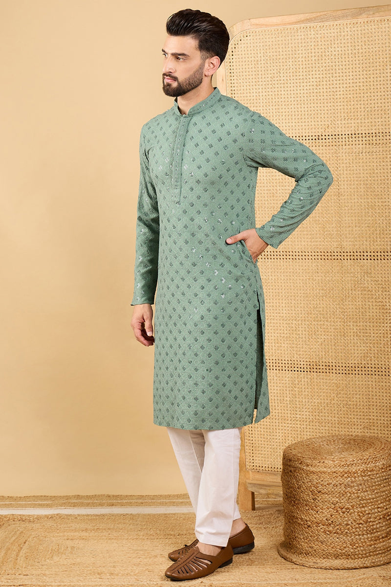 Green Viscose Rayon Solid Embroidered Straight Kurta with Trousers MKSET1050