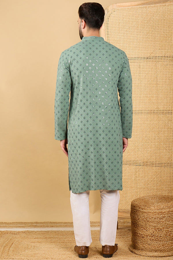 Green Viscose Rayon Solid Embroidered Straight Kurta with Trousers MKSET1050