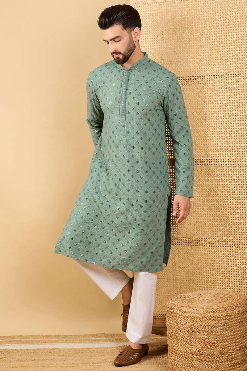 Green Viscose Rayon Solid Embroidered Straight Kurta with Trousers MKSET1050