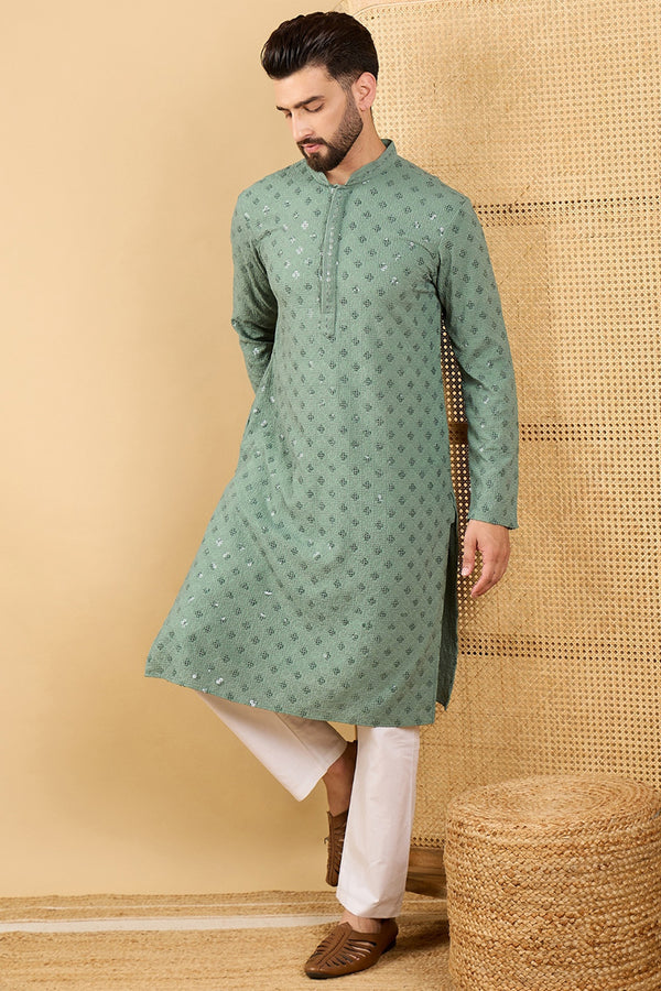 Green Viscose Rayon Solid Embroidered Straight Kurta with Trousers MKSET1050