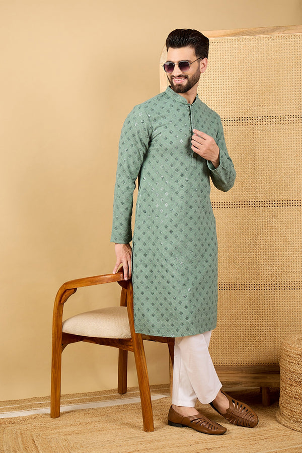 Green Viscose Rayon Solid Embroidered Straight Kurta with Trousers MKSET1050