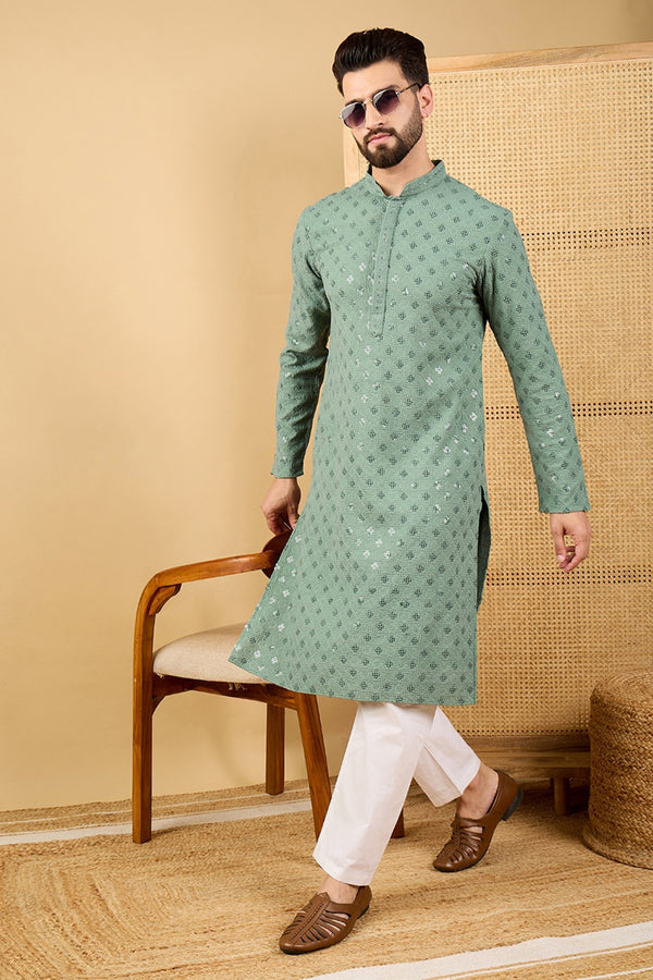 Green Viscose Rayon Solid Embroidered Straight Kurta with Trousers MKSET1050