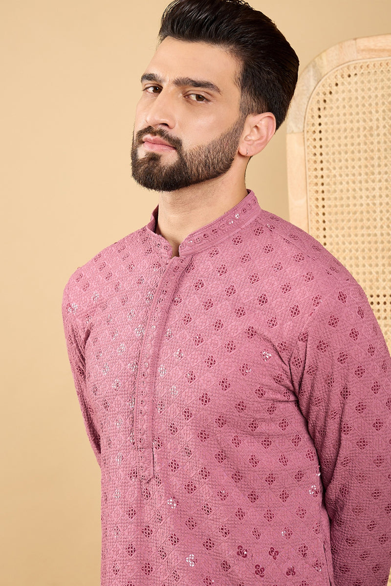 Mauve Viscose Rayon Solid Embroidered Straight Kurta with Trousers MKSET1051