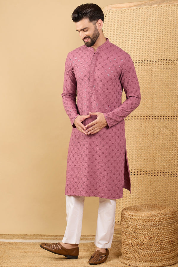 Mauve Viscose Rayon Solid Embroidered Straight Kurta with Trousers MKSET1051