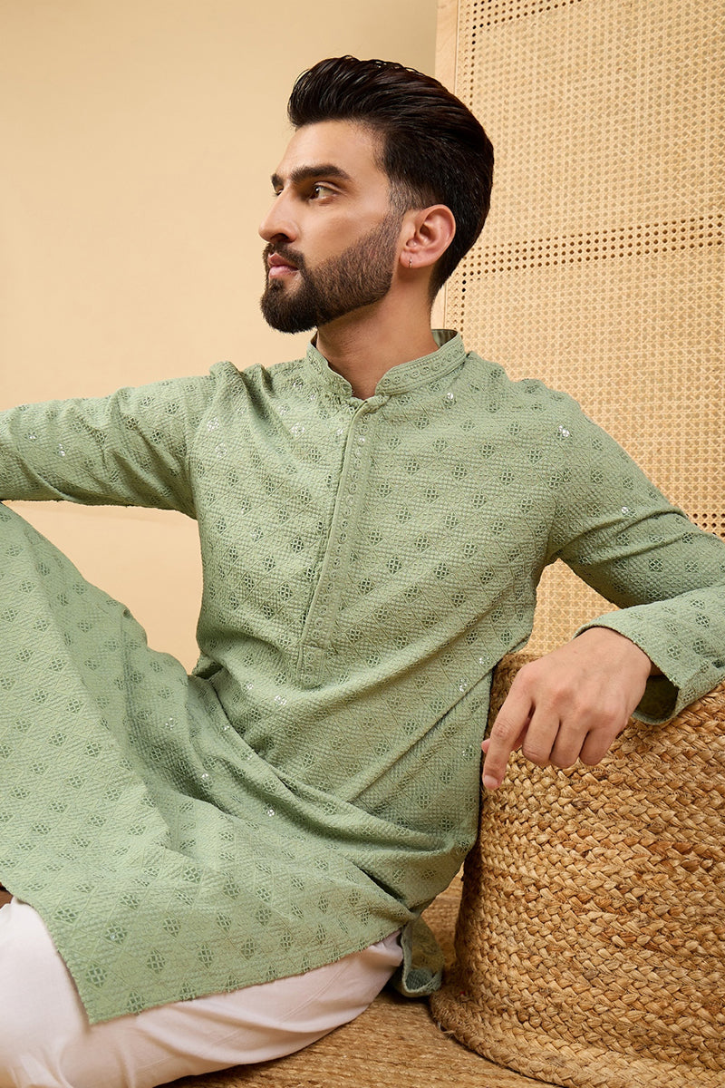 Green Viscose Rayon Solid Embroidered Straight Kurta with Trouser MKSET1053