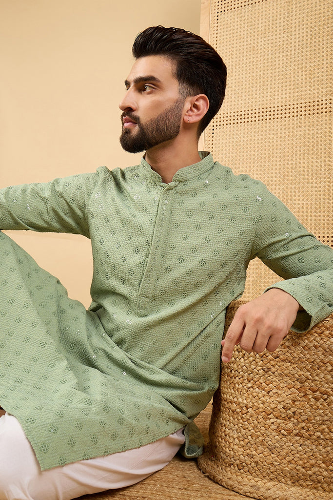 Green Viscose Rayon Solid Embroidered Straight Kurta with Trouser MKSET1053